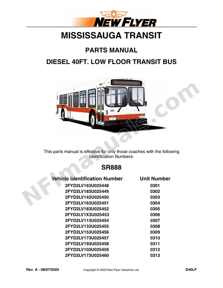 SR888 Parts Manual, Mississauga Transit first-page preview