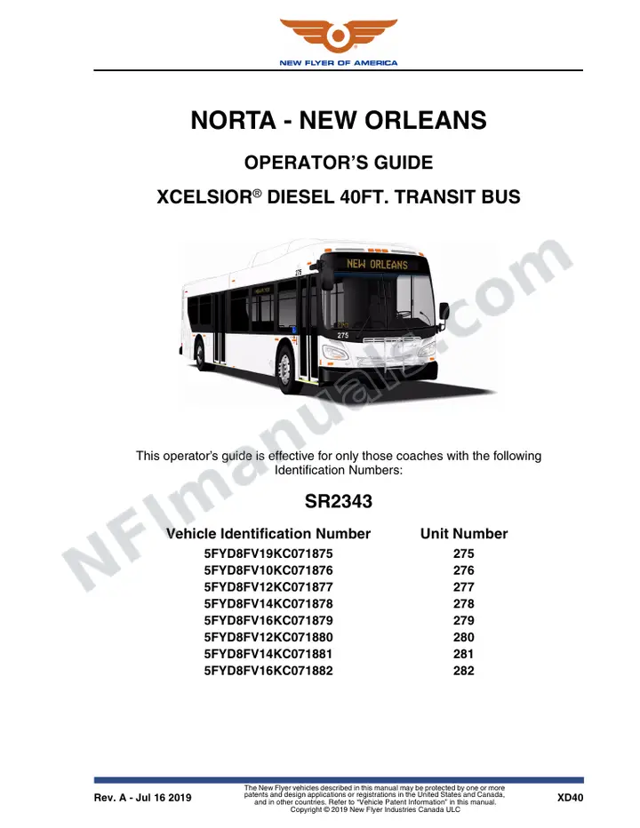 New Flyer XD40 Manual Package - NORTA - New Orleans included manual preview