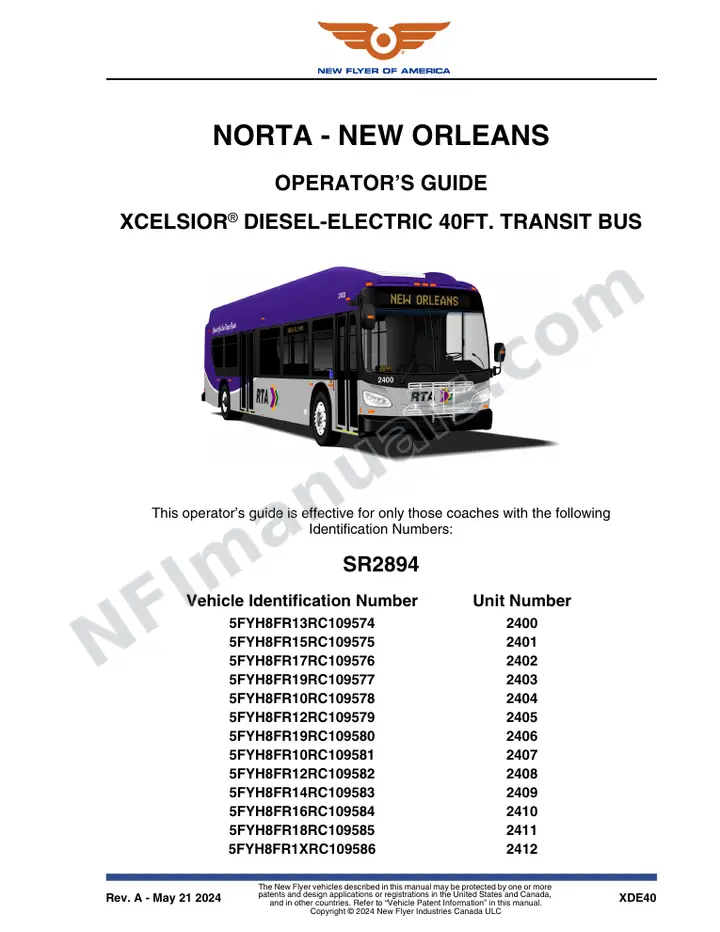 New Flyer XE40 Manual Package - NORTA - New Orleans included manual preview