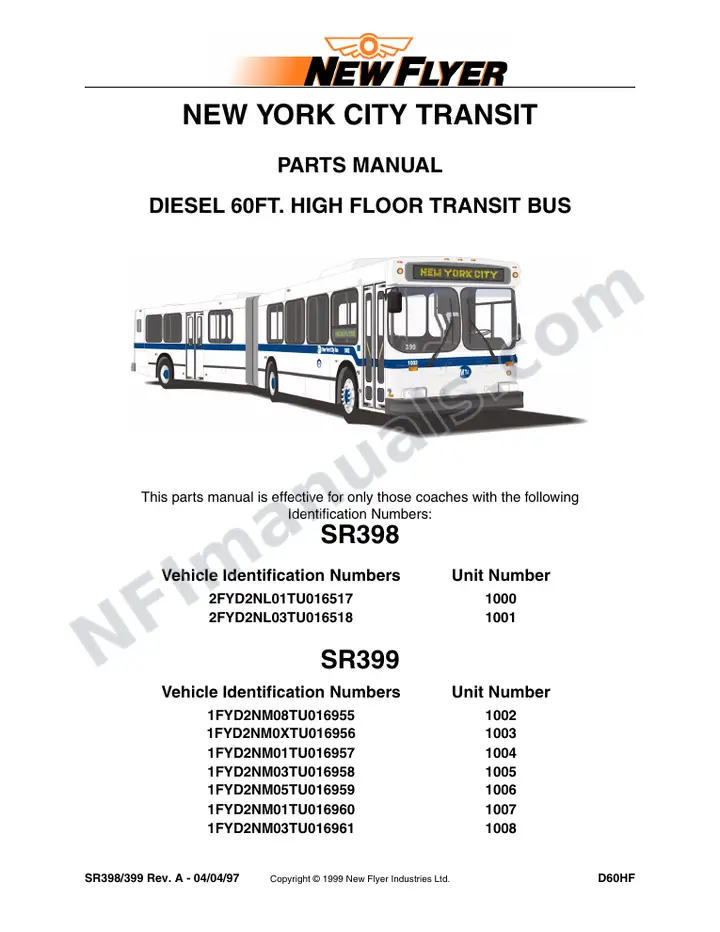 SR398/399 Parts Manual, New York City Transit first-page preview