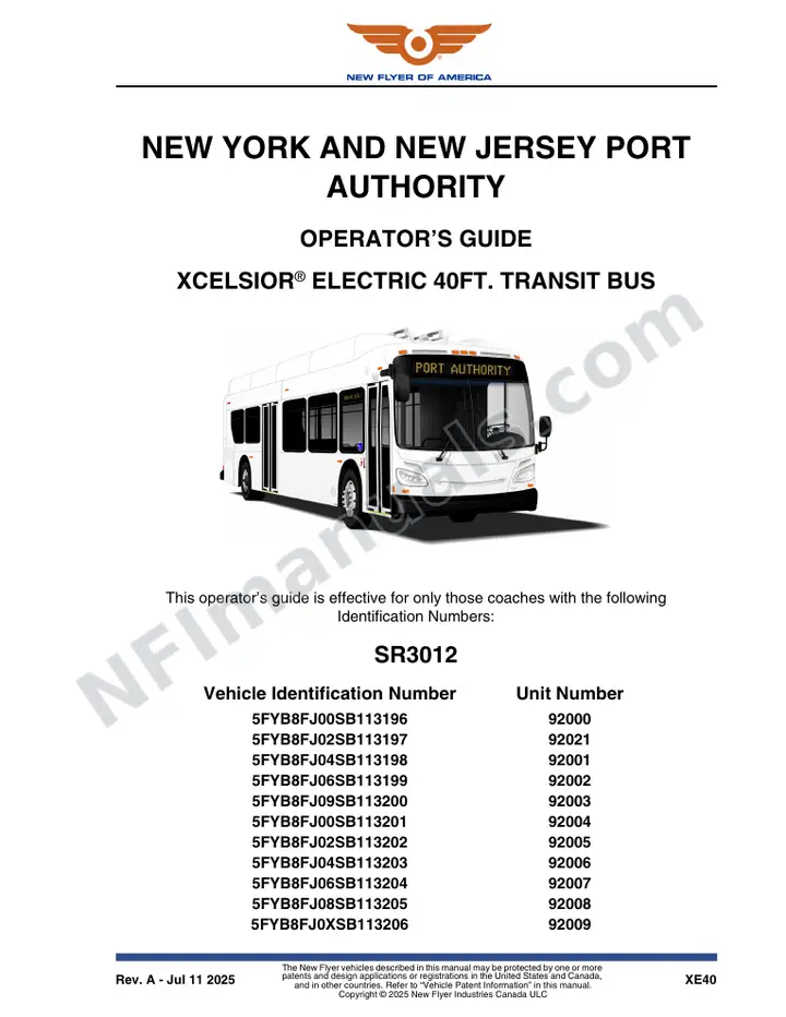 New Flyer XE40 Manual Package - New York and New Jersey Port Authority included manual preview