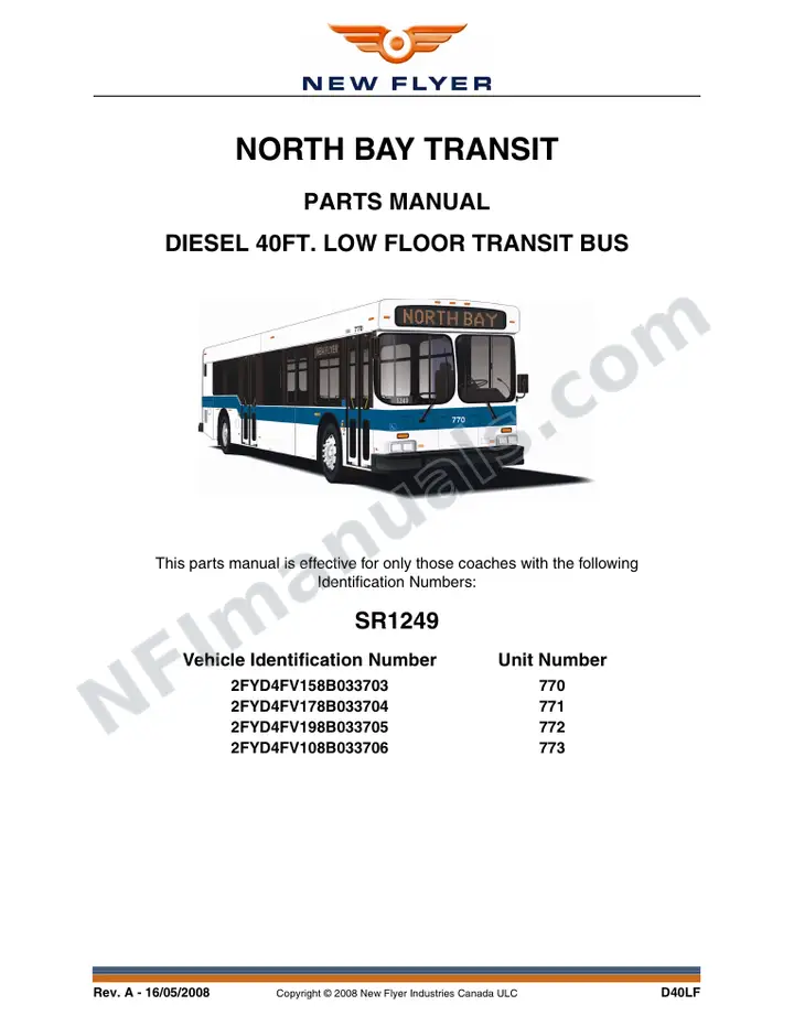 SR1249 Parts Manual, North Bay Transit first-page preview