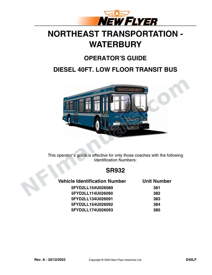 New Flyer D40LF Manual Package - North East Transportation - Waterbury included manual preview