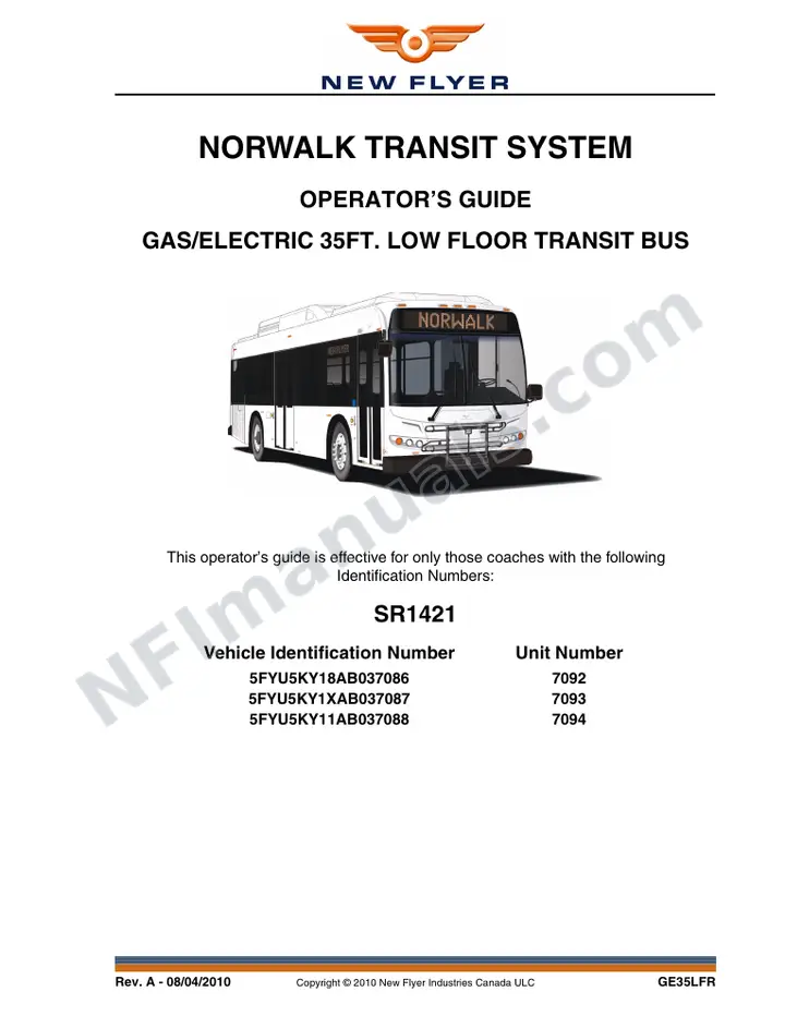 New Flyer GE35LFR Manual Package - Norwalk Transit System included manual preview