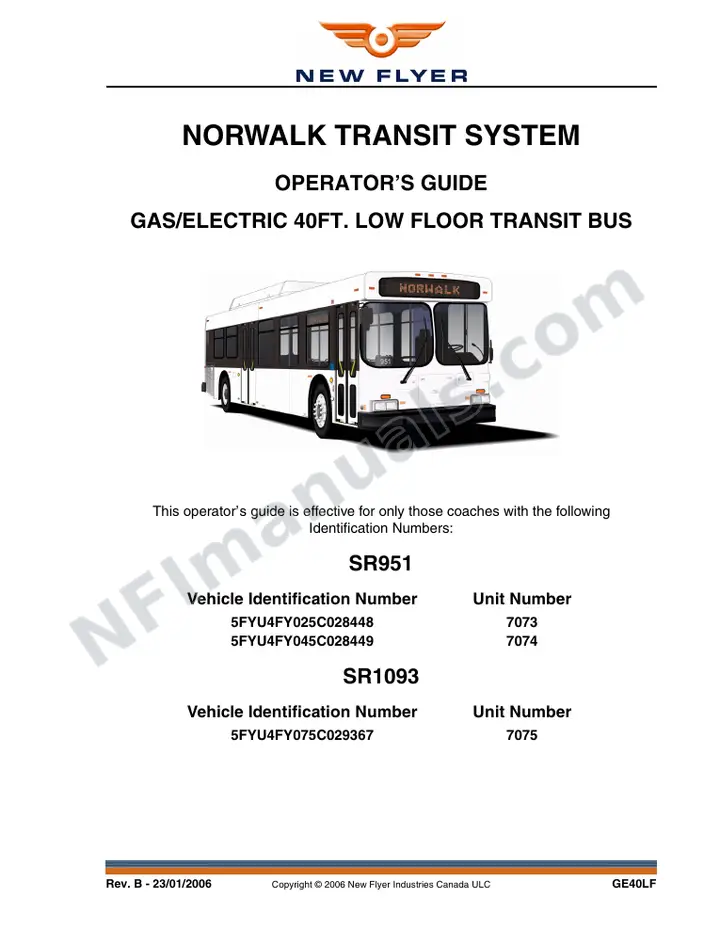 New Flyer GE40LF Manual Package - Norwalk Transit System included manual preview