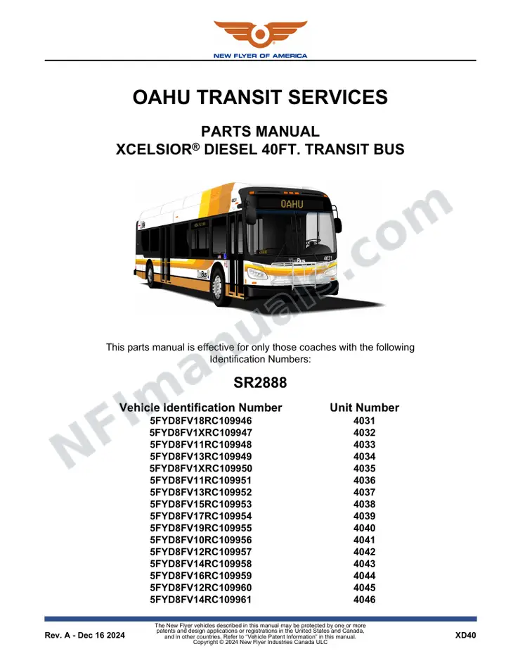 SR2888 Parts Manual, Oahu Transit Services first-page preview