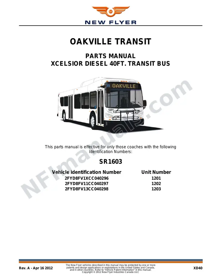 SR1603 Parts Manual, Oakville Transit first-page preview