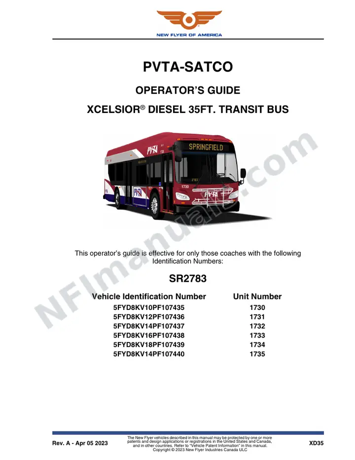 SR2783 Operator's Guide, PVTA - SATCO first-page preview