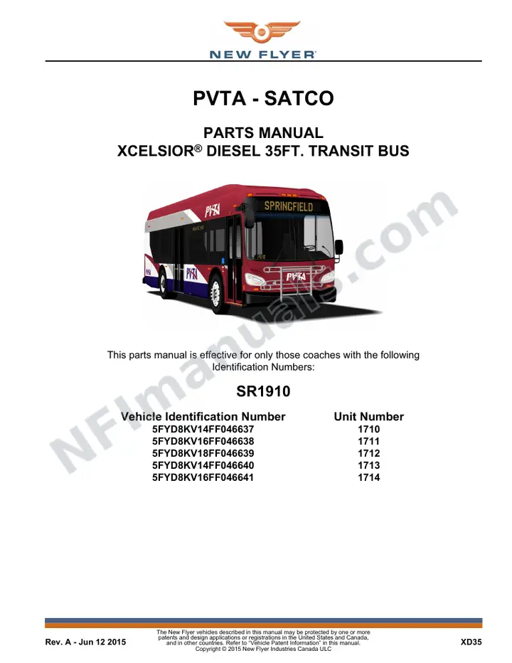 SR1910 Parts Manual, PVTA - SATCO first-page preview