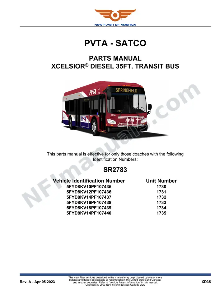 SR2783 Parts Manual, PVTA - SATCO first-page preview