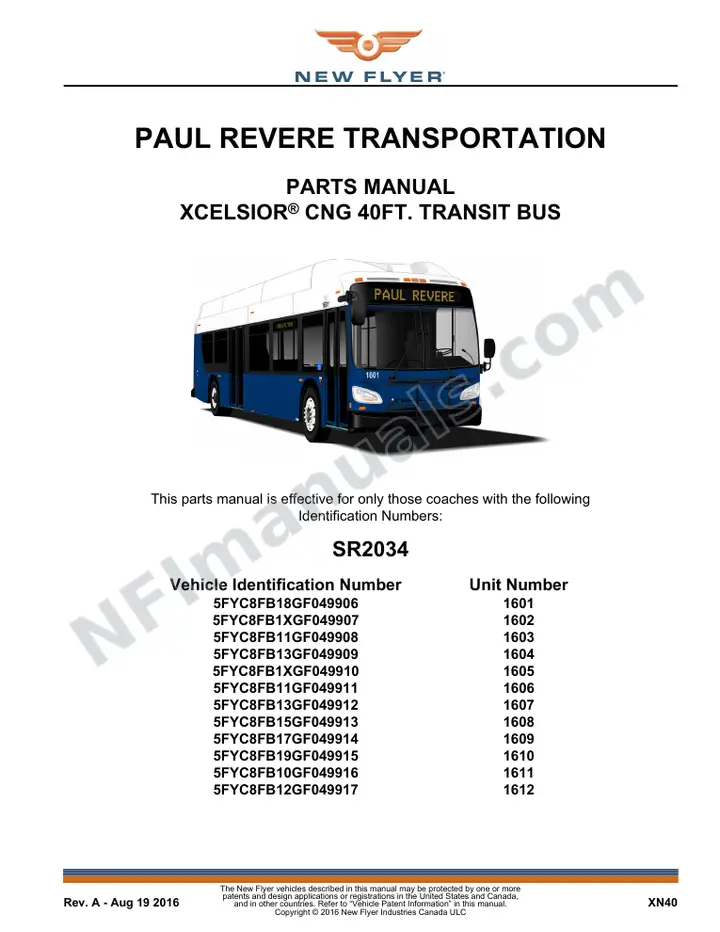 SR2034 Parts Manual, Paul Revere Transportation first-page preview