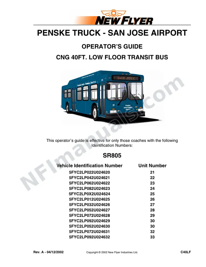 New Flyer C40LF Manual Package - Penske Truck - San Jose Airport included manual preview
