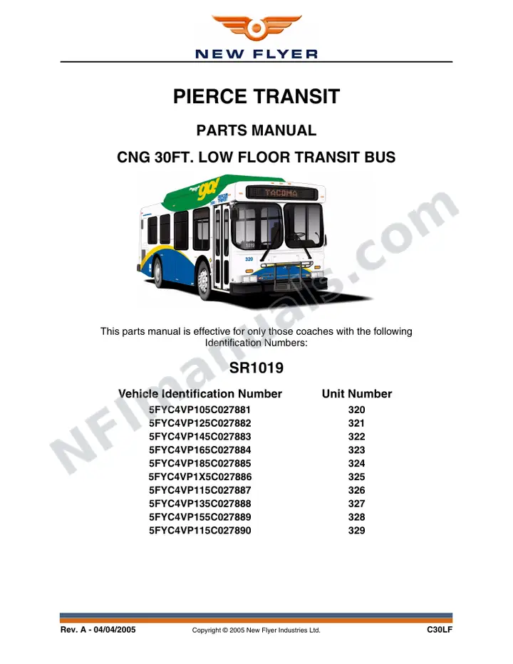 SR1019 Parts Manual, Pierce Transit first-page preview