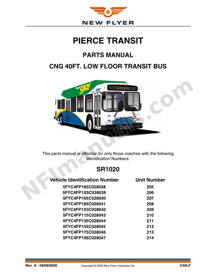 SR1020 Parts Manual, Pierce Transit first-page preview