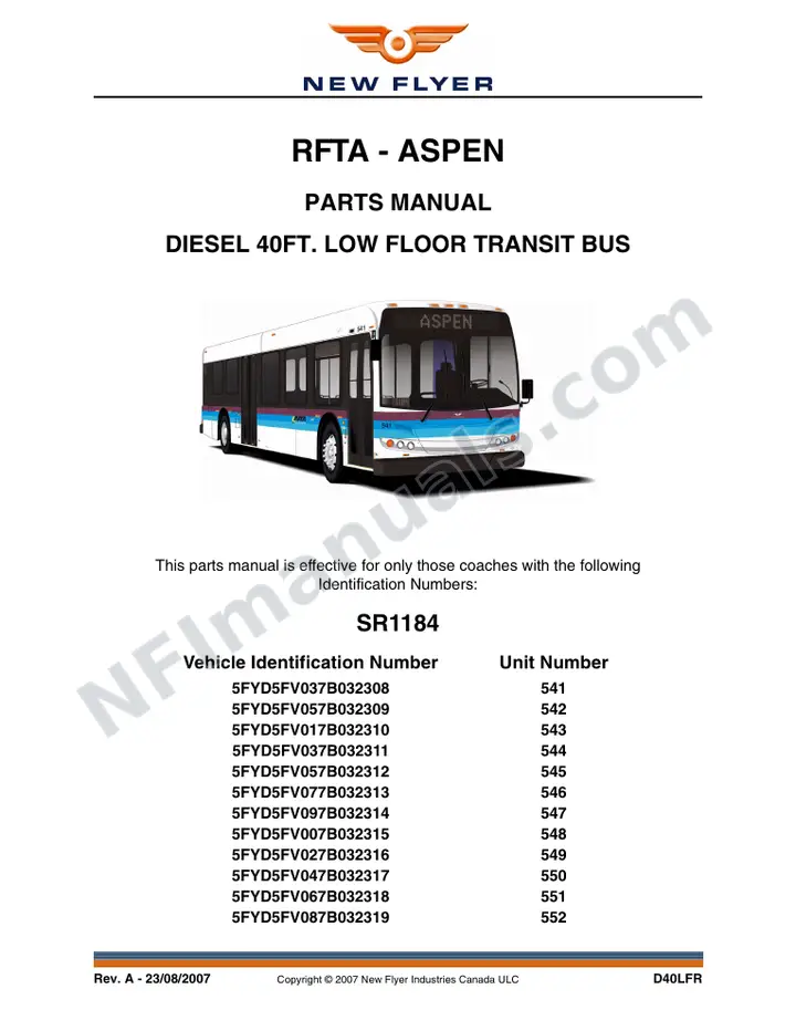 SR1184 Parts Manual, RFTA - Aspen first-page preview