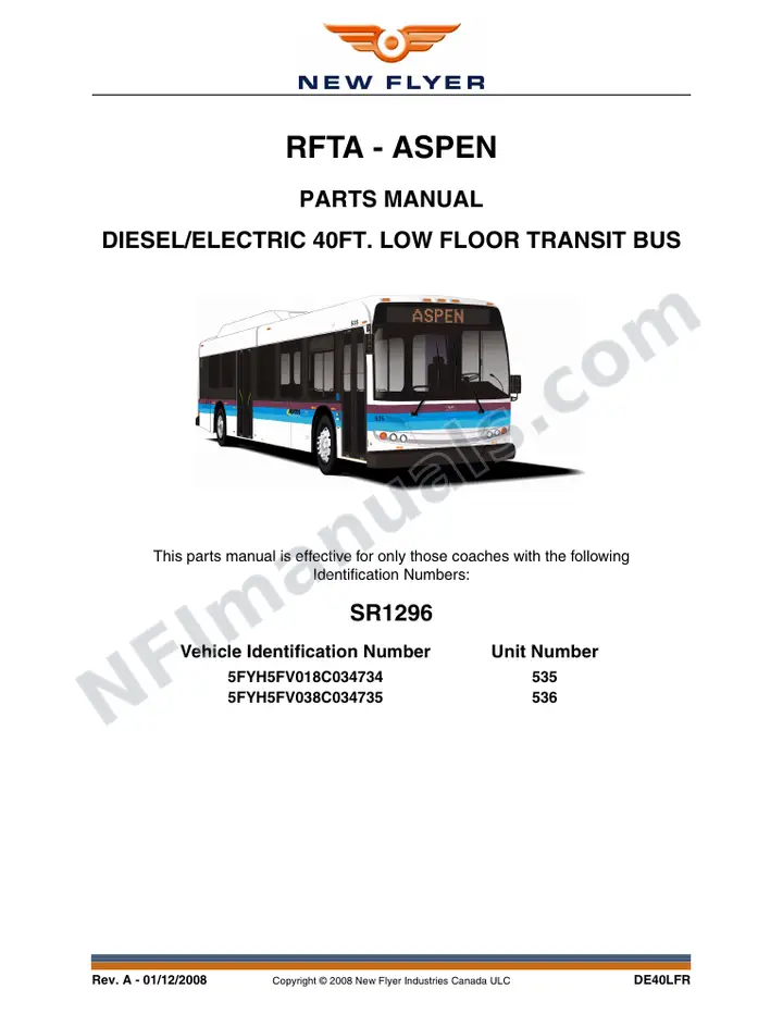 SR1296 Parts Manual, RFTA - Aspen first-page preview