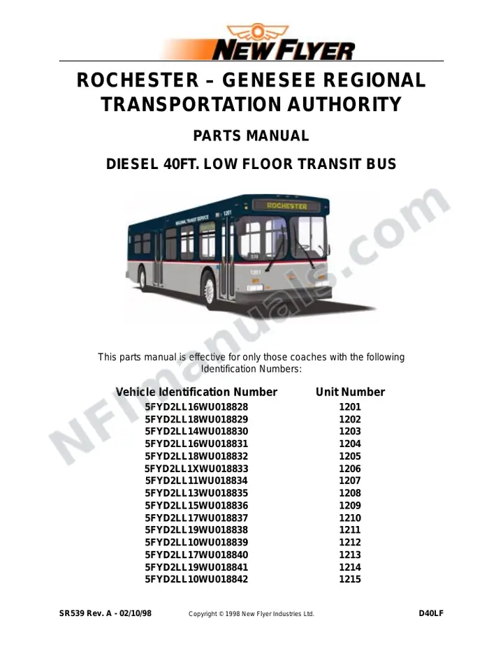 SR539 Parts Manual, Rochester-Genesee Regional Transportation Authority first-page preview