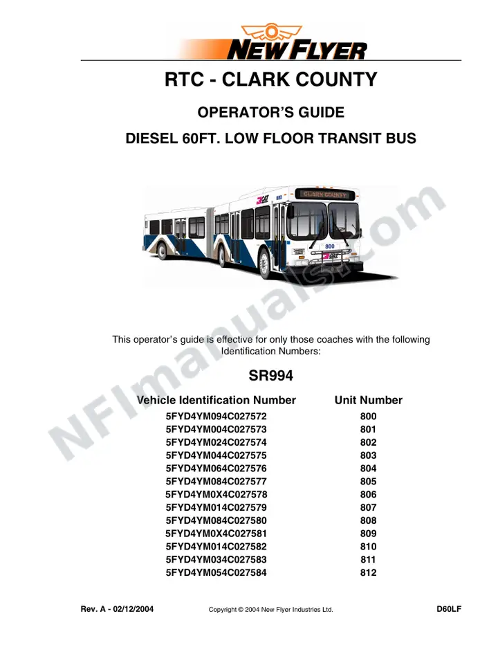 New Flyer D60LF Manual Package - RTC - Las Vegas included manual preview