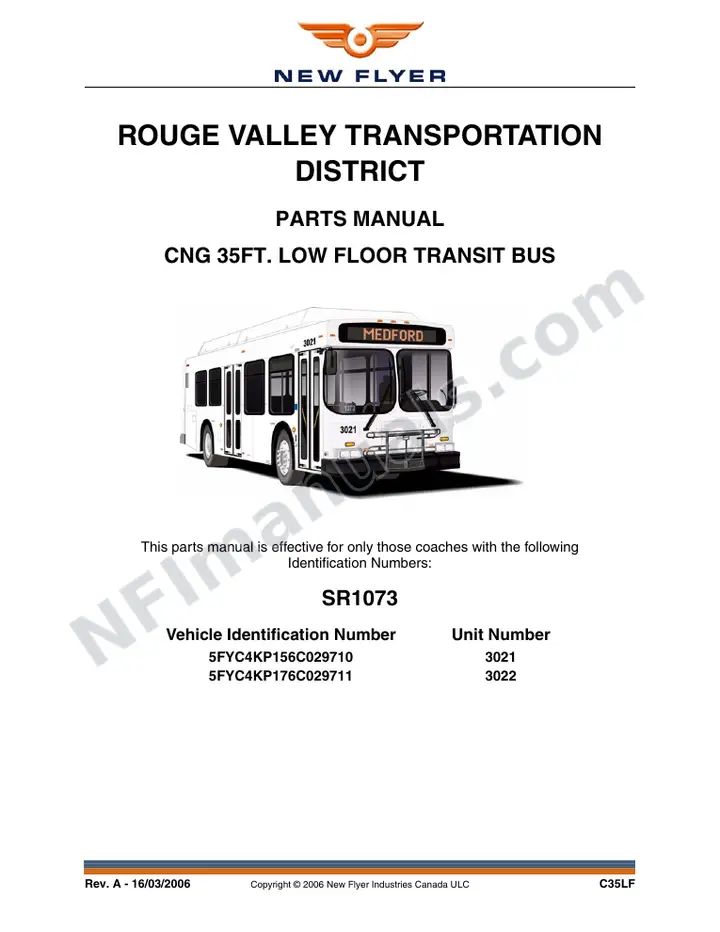 SR1073 Parts Manual, Rouge Valley Transportation District first-page preview