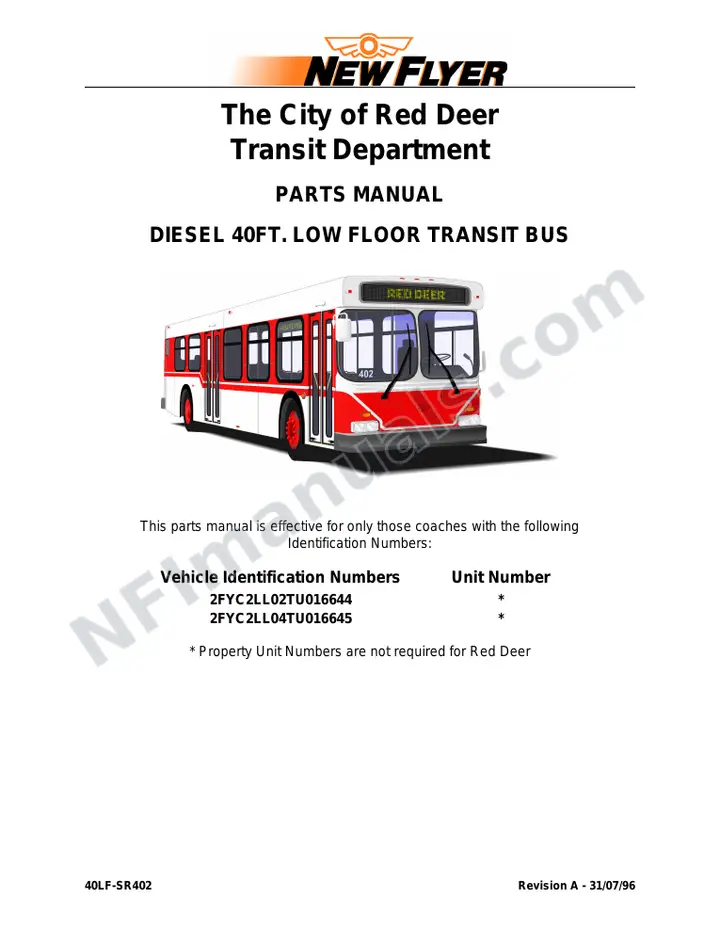 SR402 Parts Manual, Red Deer Transit first-page preview
