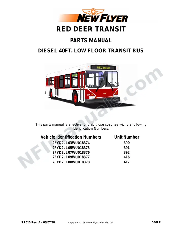 SR515 Parts Manual, Red Deer Transit first-page preview