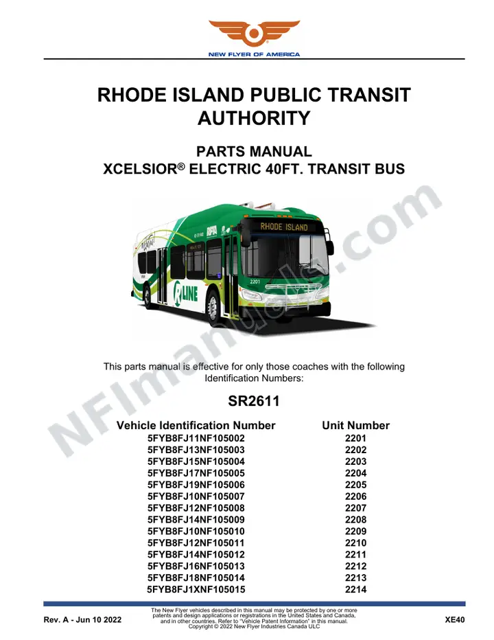 SR2611 Parts Manual, Rhode Island Public Transit Authority first-page preview