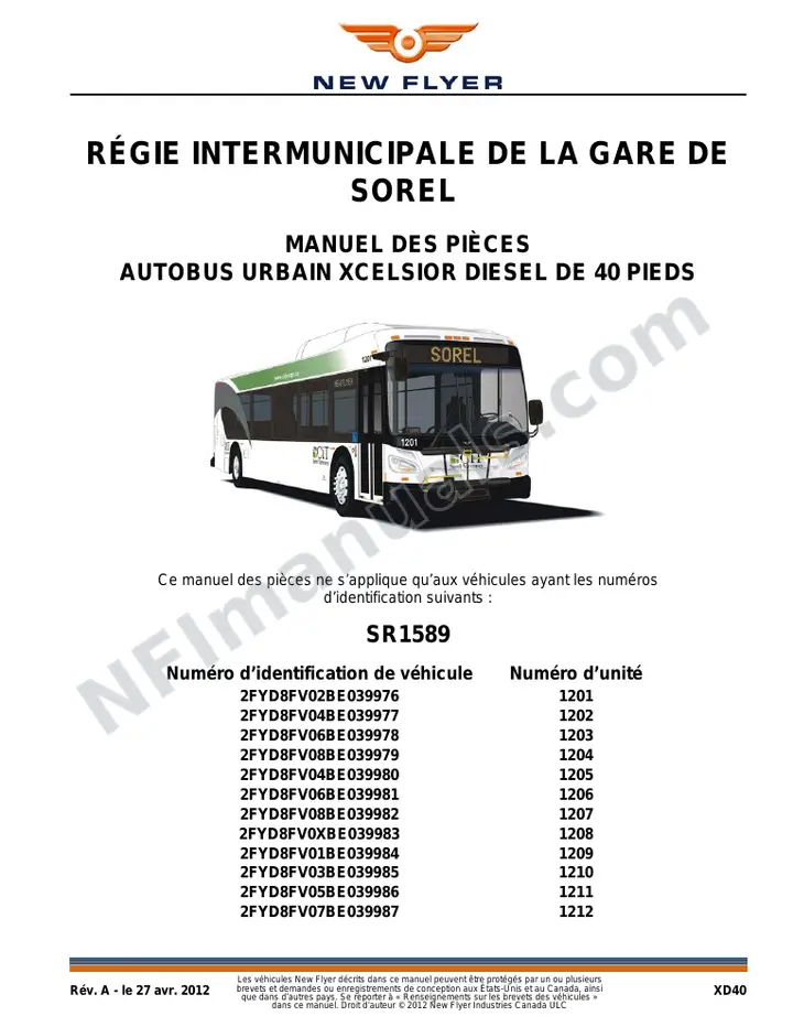 Manuel des pièces SR1589, Régie Intermunicipale de la Gare de Sorel first-page preview