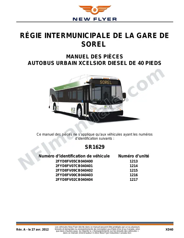 Manuel des pièces SR1629, Régie Intermunicipale de la Gare de Sorel first-page preview