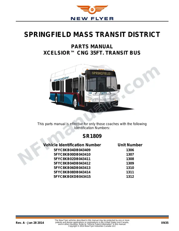 SR1809 Parts Manual, Springfield Mass Transit District first-page preview