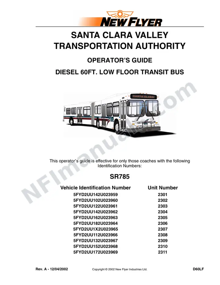 New Flyer D60LF Manual Package - Santa Clara VTA included manual preview