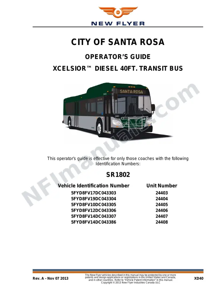 New Flyer XD40 Manual Package - Santa Rosa CityBus included manual preview