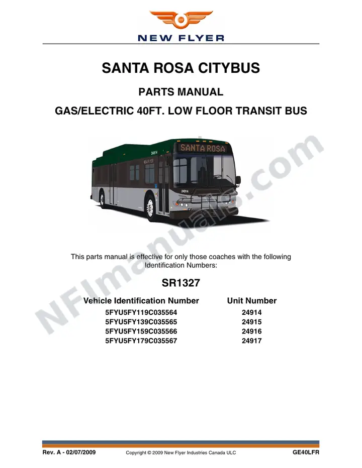 SR1327 Parts Manual, Santa Rosa CityBus first-page preview