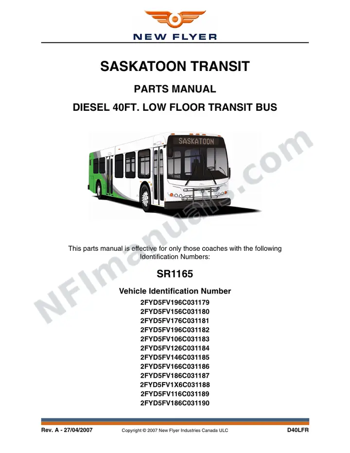 SR1165 Parts Manual, Saskatoon Transit first-page preview