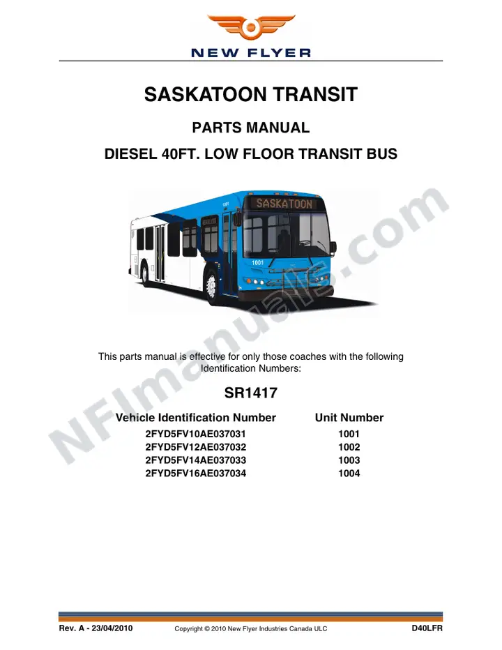 SR1417 Parts Manual, Saskatoon Transit first-page preview