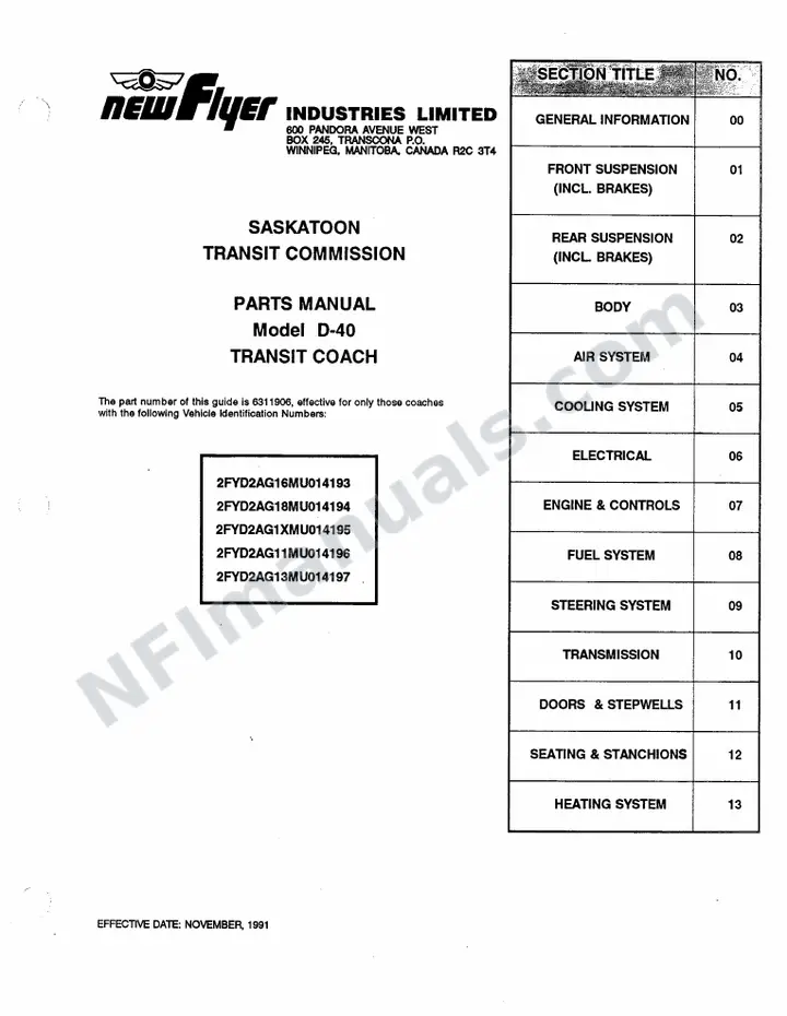 SR241 Parts Manual, Saskatoon Transit Commission first-page preview