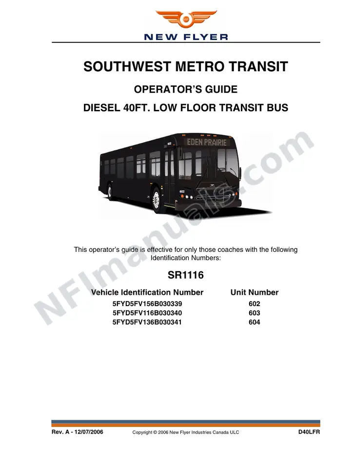 New Flyer D40LFR Manual Package - SouthWest Metro Transit included manual preview