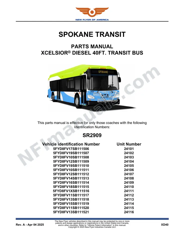 SR2909 Parts Manual, Spokane Transit first-page preview