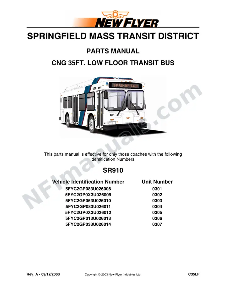 SR910 Parts Manual, Springfield Mass Transit District first-page preview