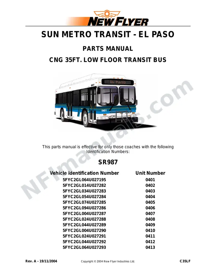 SR987 Parts Manual, Sun Metro Transit - El Paso first-page preview