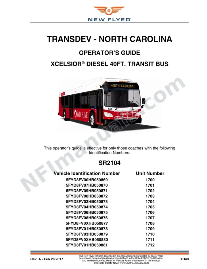 New Flyer XD40 Manual Package - Transdev - North Carolina included manual preview
