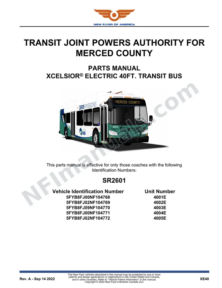 SR2601 Parts Manual, Transit Joint Powers Authority for Merced County first-page preview