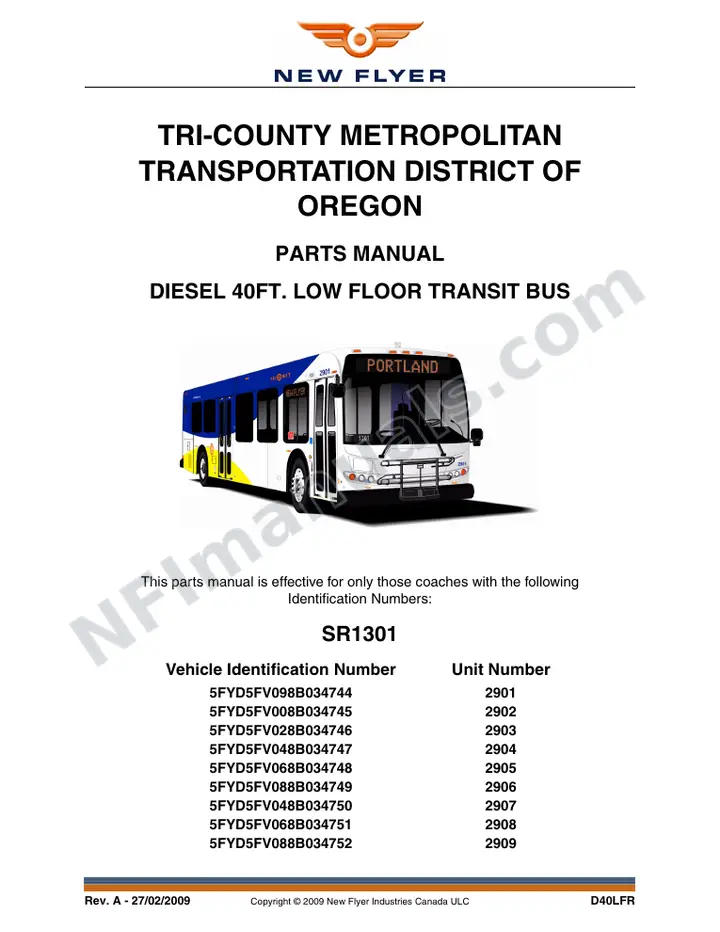SR1301 Parts Manual, Tri-County Metropolitan Transportation District of Oregon first-page preview