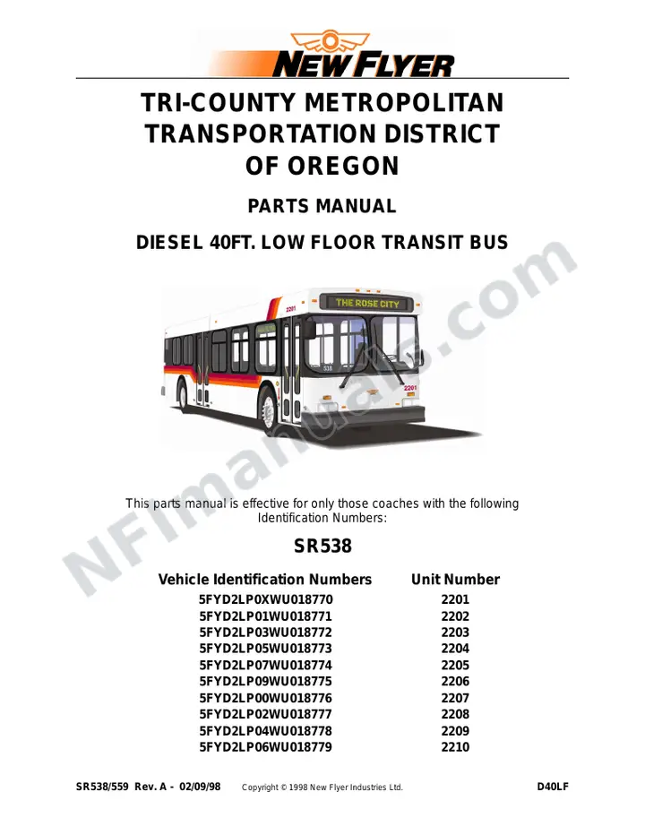 SR538/559 Parts Manual, Tri-County Metropolitan Transportation District of Oregon first-page preview