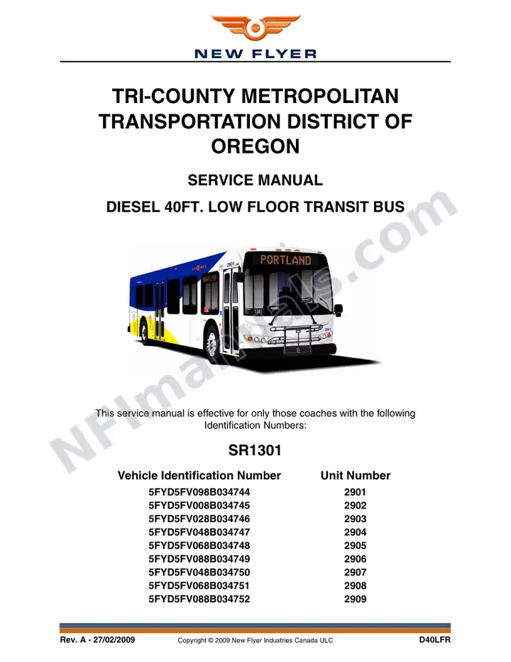 SR1301 Service Manual, Tri-County Metropolitan Transportaion District of Oregon first-page preview