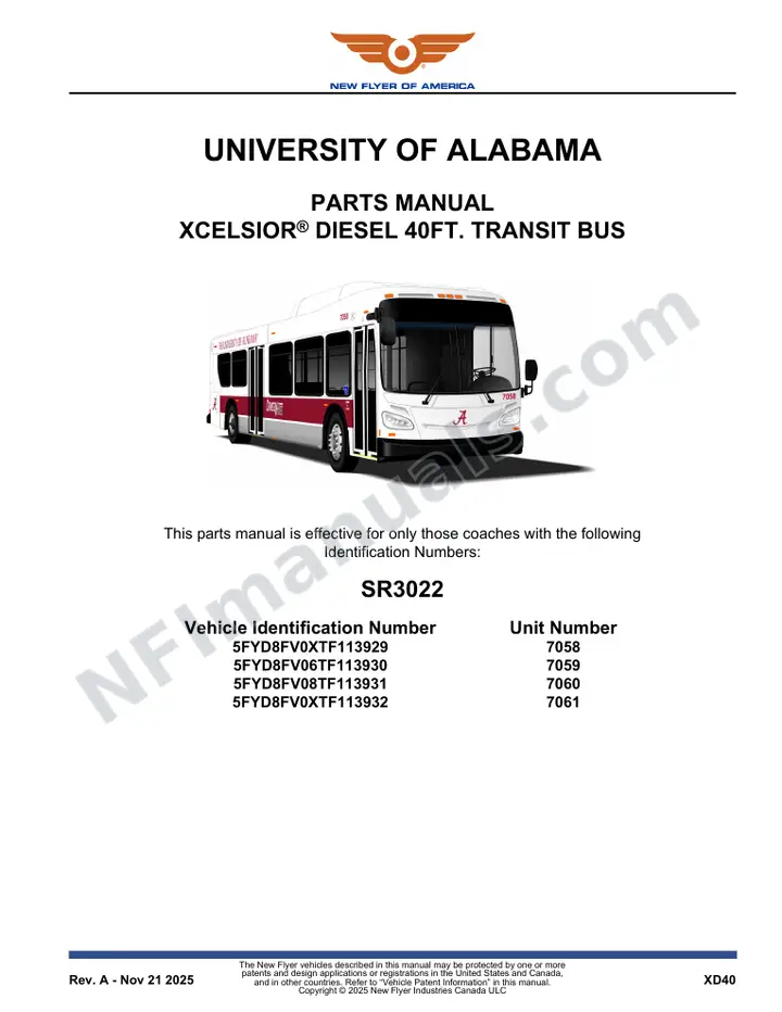 SR3022 Parts Manual, University of Alabama first-page preview