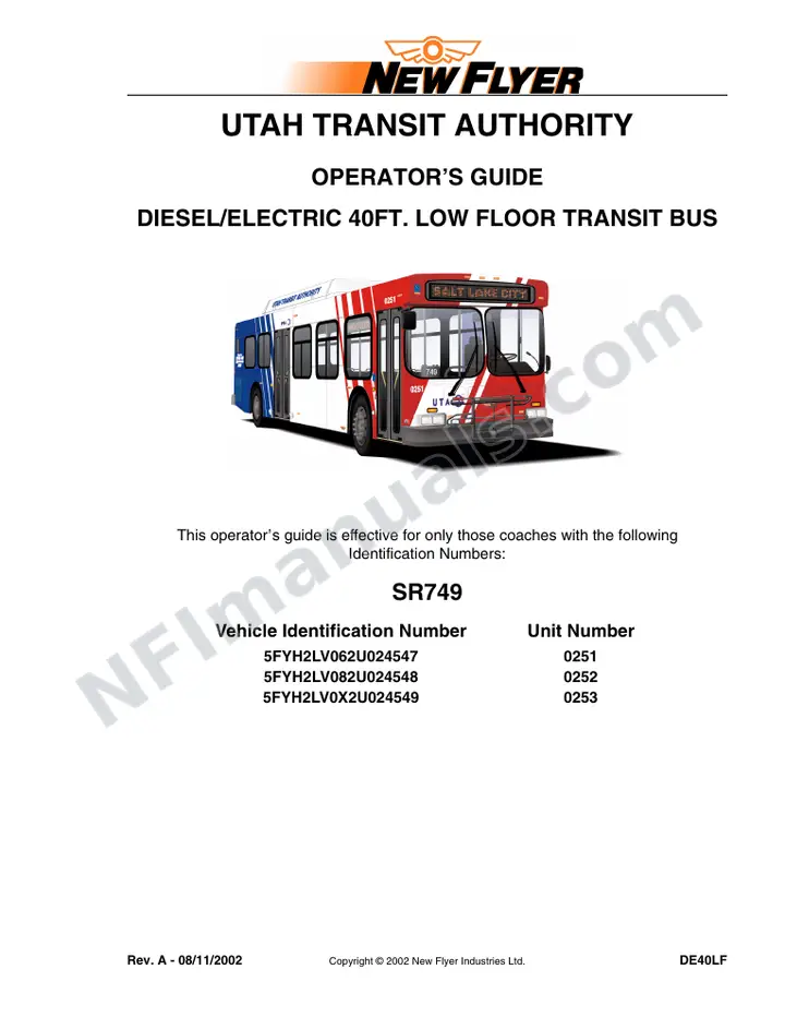 New Flyer DE40LF Manual Package - Utah Transit Authority included manual preview