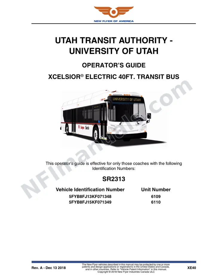 New Flyer XE40 Manual Package - Utah Transit Authority - University of Utah included manual preview