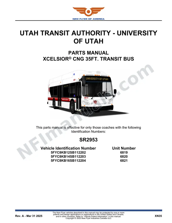 SR2953 Parts Manual, Utah Transit Authority - University of Utah first-page preview