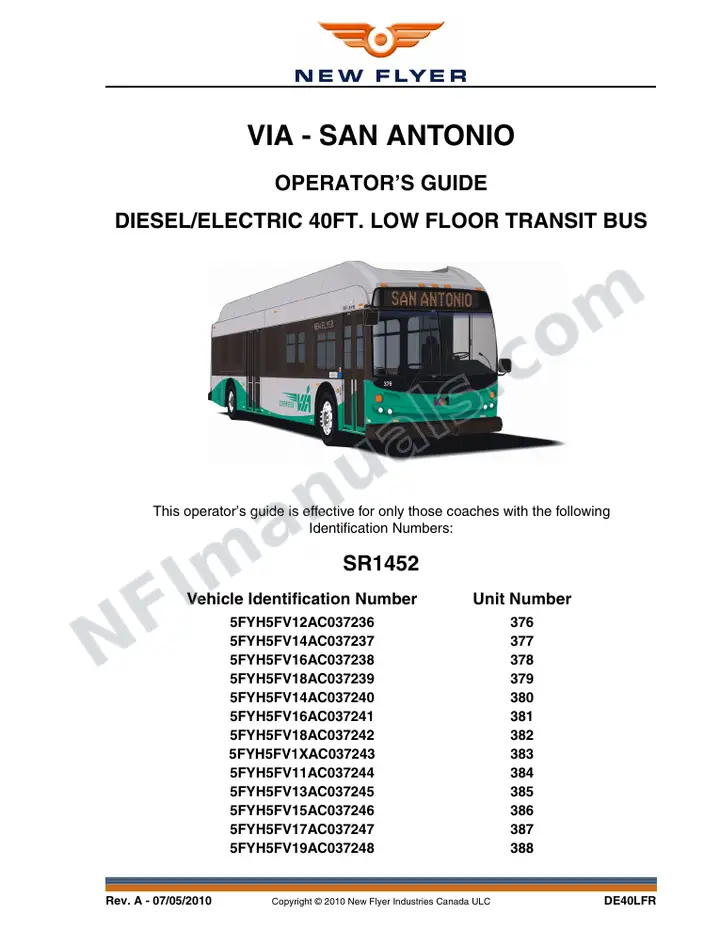 New Flyer DE40LFR Manual Package - VIA - San Antonio included manual preview