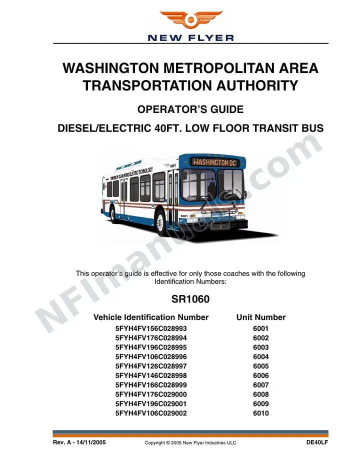 New Flyer DE40LF Manual Package - Washington Metropolitan Area Transit Authority included manual preview
